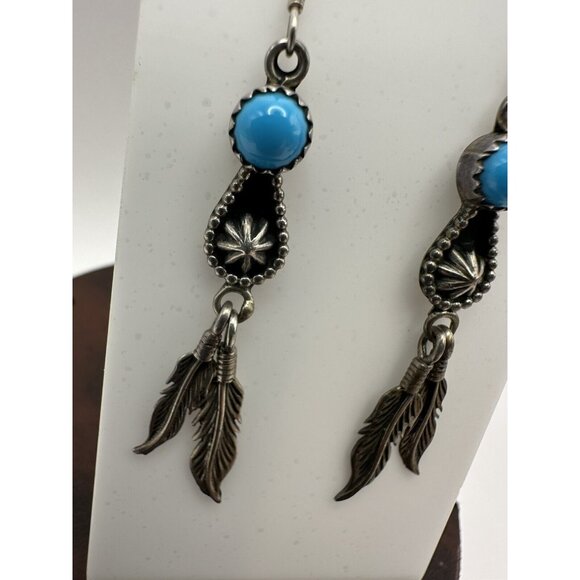 Running Bear Shop Native American 925 Sterling Silver Turquoise Feather Earrings - Picture 2 of 6